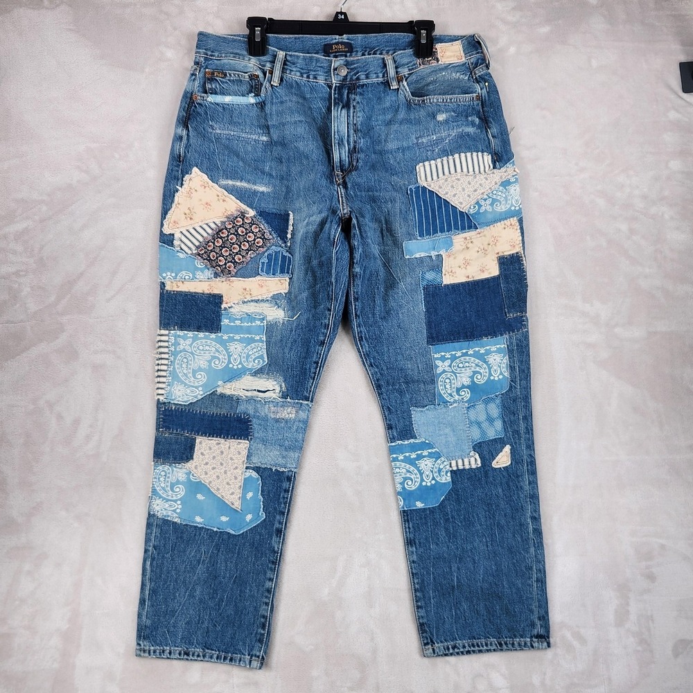 Polo Ralph Lauren Avery Boyfriend Jeans Womens 32 Blue Patchwork Paisley Denim